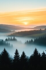 Fototapeta premium Golden Sunrise Over Misty Hills and Forests at Dawn