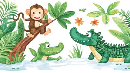  A monkey on a tree branch with a crocodile nearby, and another crocodile in a water pond