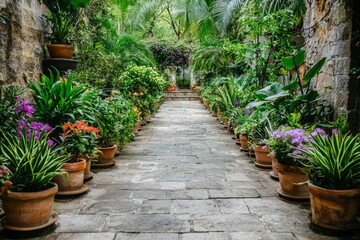 Stone Path Lined With Potted Plants in a Lush Garden