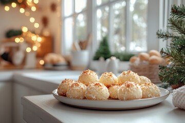 festive baking scene, coconut macaroons displayed on a plate in a bright scandinavian kitchen with a large window, festive decor, and room for text