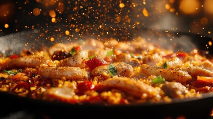 Vibrant Paella in Midair with Sparkles on Gradient Background - High Resolution Minimalistic Food Photography
