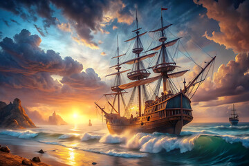 Fototapeta premium Beautiful ocean with a pirate ship, natural and cool lighting