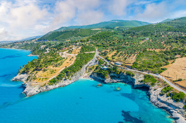 Plakat Aerial view of Xigia Beach in Zakynthos, a unique natural spa with healing waters, Greece.