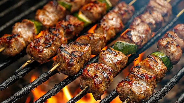 Grilled skewers of meat and vegetables cook over an open flame