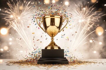 Golden trophy with fireworks and confetti celebration background