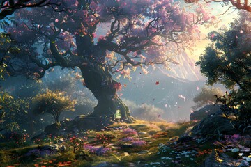 A painting of a tree in the middle of a forest