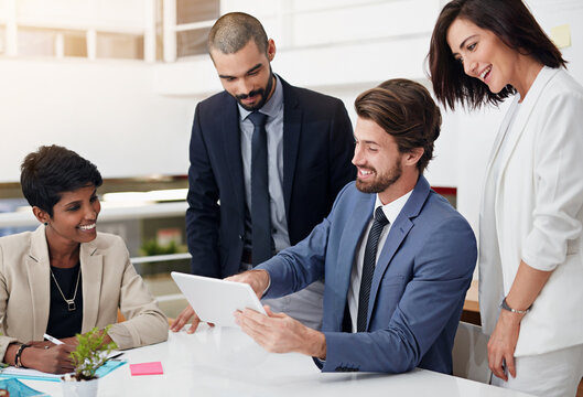 Corporate, smile and group with tablet, boardroom and conversation for financial report and confident. Collaboration, teamwork and people with paperwork, plan and project for actuary and Canada