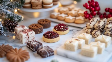 A picture of Christmas baking. There are many cookies and desserts on a white marble table.