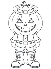Coloring page of a pumpkin-headed character with a witch hat and festive costume