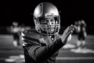Gridiron Intensity: Black and white portrait of a focused American football player, ready for action on the field.  The image captures determination and the thrill of the game.