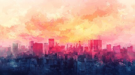 Fototapeta premium Cityscape with Buildings, Yellow Sky
