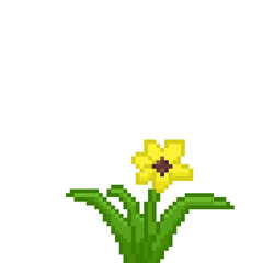 A retro-styled pixel-art illustration of a cute yellow daisy flower.