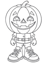 Easy-to-color line drawing of a Halloween pumpkin head character in a simple outfit