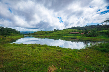 Obraz premium Scenic view of landscape in central Costa Rica at foggy day.