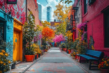 Fototapeta premium A Colorful Urban Alleyway with a Bench and Flowers