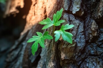 New plant sprouting from tree stump in sunlight