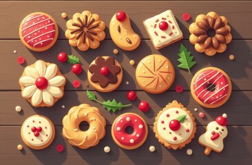 Christmas pastries lying on wooden table, New Year decorated with icing donuts and cookies