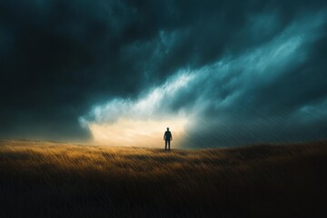 Solitary Figure in a Field with Dramatic Clouds