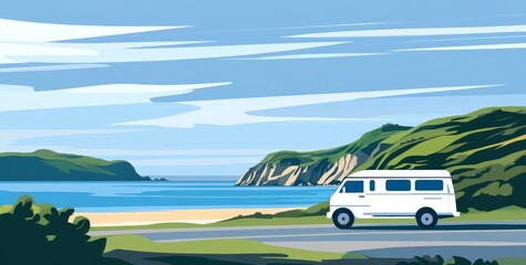 Fototapeta premium a cute van driving on a road with a beautiful seaside and green hills in the background. 