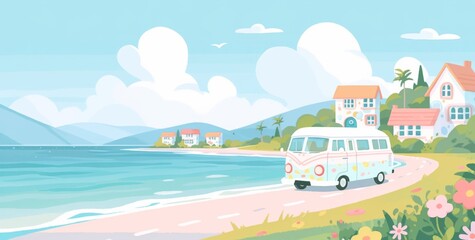   a cute van driving on a road with a beautiful seaside and green hills in the background. 