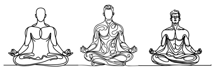 simple line art meditating figures set in monoline style black vector