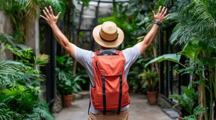 A man stands with arms raised in excitement, surrounded by vibrant tropical plants in a beautiful greenhouse. The bright atmosphere captures a moment of joy and adventure outdoors