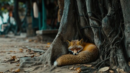 Obraz premium A fox curls up snugly at the base of a massive tree, finding comfort in the roots. Leaves are scattered around, suggesting a peaceful, natural environment