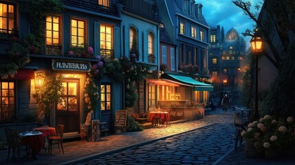 Obraz premium A charming Paris street illuminated by warm lights, featuring cafes and flower-adorned buildings.