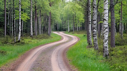 Fototapeta premium A winding dirt path meanders through a lush birch forest, where fresh spring leaves create a vibrant green canopy, allowing gentle sunlight to peek through, enhancing the serene atmosphere