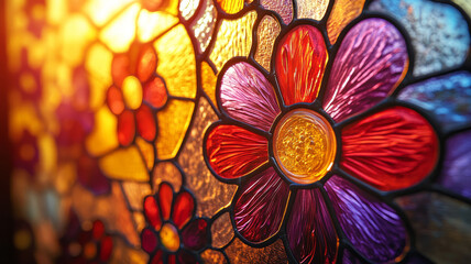 Fototapeta premium Vibrant flower design in stained glass window.