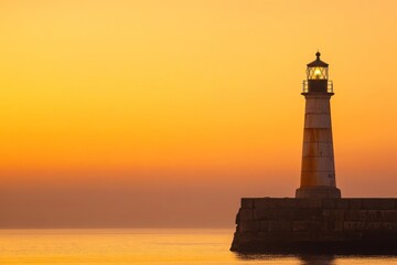 Lighthouse on a Stone Breakwater at Sunset