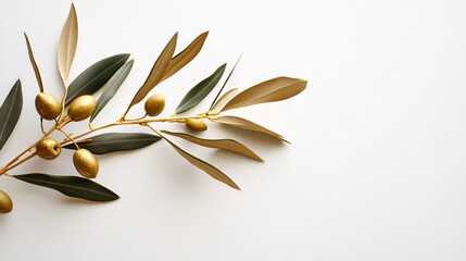 golden olive branch on white background minimalist nature photography