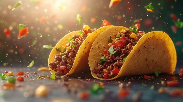 Levitating Tacos in White Light - Hyper Realistic Commercial Photography with Insanely Detailed Fine Details for Website Banner Design