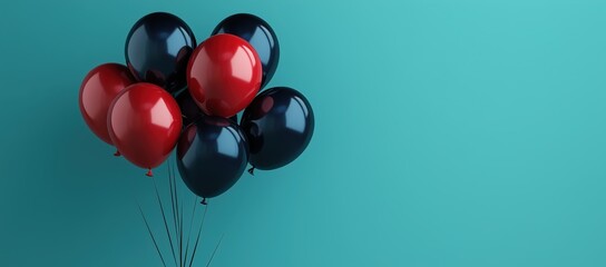 Colorful celebration: red and dark blue balloons floating against a teal backdrop. Generative AI