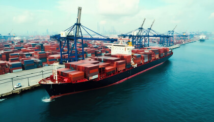 Fototapeta premium A wide shot of a bustling port with large shipping containers stacked high. Cranes tower over the docks as cargo ships are being loaded and unloaded, creating a vibrant scene of maritime activity.