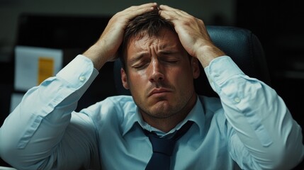 A man in formal attire sits at his desk in an office, visibly distressed as he holds his head in frustration while facing a challenging task late at night