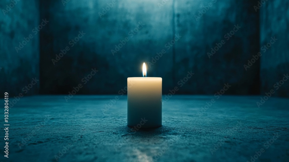 Poster A single candle flickering softly in a dim crematory room, surrounded by silence, symbolizing reflection and the passage of life 