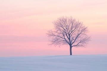 Solitary Tree Silhouetted Against a Pink Sky Over a Snow-Covered Field