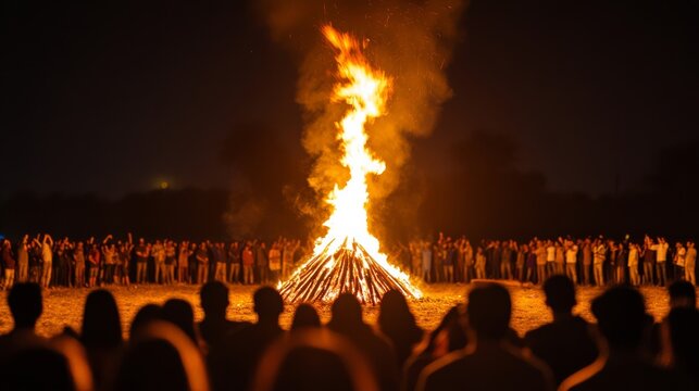 A vibrant bonfire under the night sky with people gathered around, celebrating Lohri and Makar Sankranti with music, dance, and traditional foods 