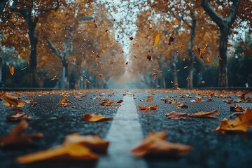 A Road Lined with Trees and Falling Autumn Leaves
