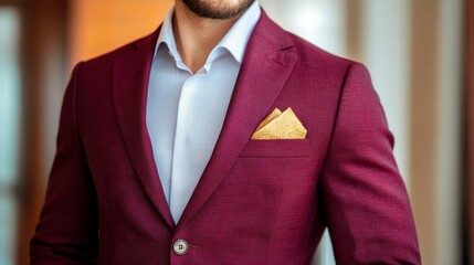 Burgundy suit jacket with a gold pocket square draped over a chair, creating a stylish and refined outfit display in a well-lit dressing room 