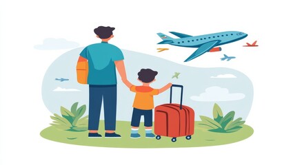 Fototapeta premium Flat illustration of an adult and child in an airport setting, standing next to a suitcase with an airplane flying overhead.