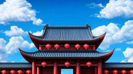 Fototapeta premium Chinese temple gate decorated with lanterns and banners, bustling with families and visitors celebrating the Chinese New Year under a sunny sky 