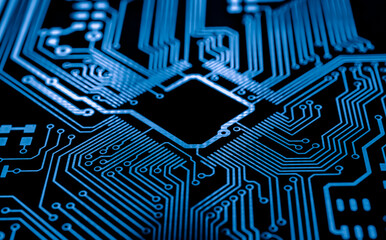 printed circuit. layout of tracks. PCB. processor, chip and electronic components