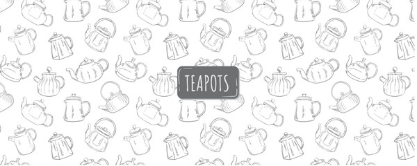 Seamless pattern with teapots on white background. Kitchen vector wallpaper outline style. Sketch of teapot.
