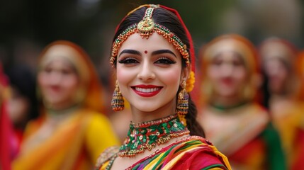 Fototapeta premium Colorful Republic Day parade floats showcasing India’s diverse culture, with dancers in traditional attire and musicians performing live 