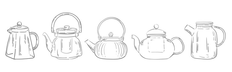 Set of Glass teapot drawn with vintage lines. Hand drawing outline sketch. Isolated vector illustration. A teapot drawn as an engraving.