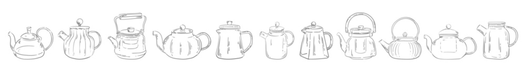 Set of Glass teapot drawn with vintage lines. Hand drawing outline sketch. Isolated vector illustration. A teapot drawn as an engraving.