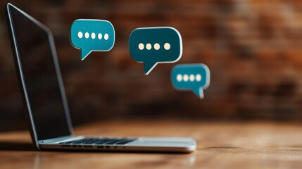 Digital conversation bubbles floating out of a computer screen, each representing positive interactions, comments, and feedback fostered by a community manager 