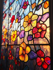 Colorful stained glass with floral patterns